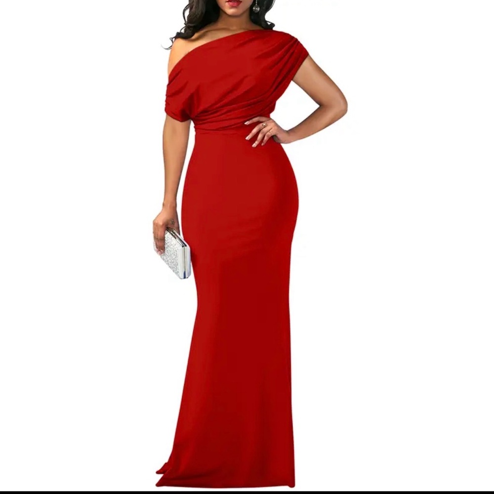 Elegant Red Off-Shoulder Evening Gown